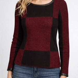 Ramy Brook Red and Black Plaid Sweater vegan leather piping